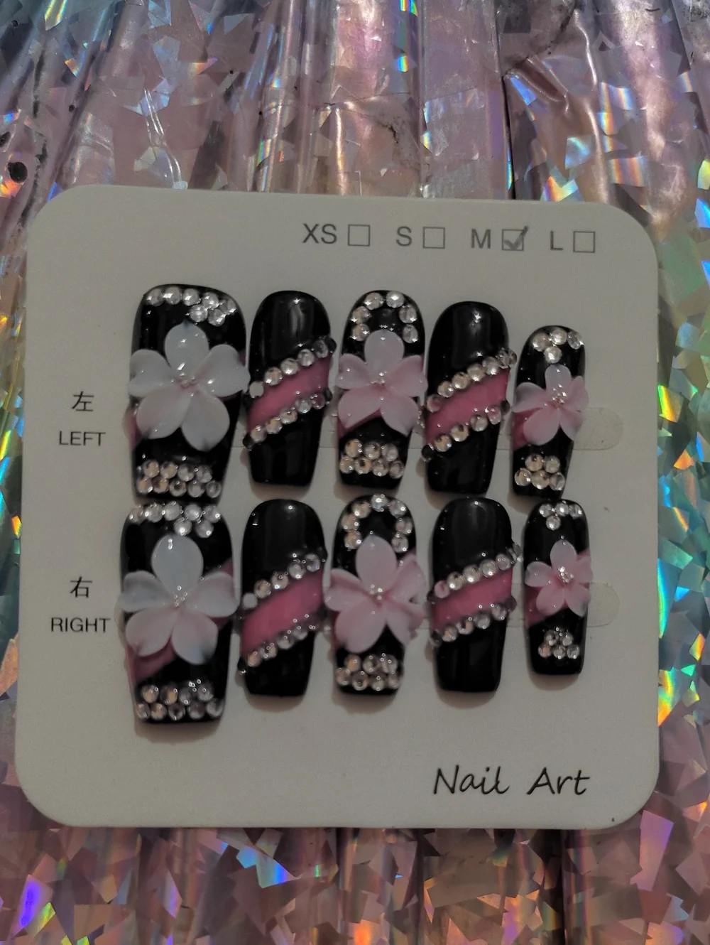 Handcrafted Black & Pink Floral Press-On Nail Set